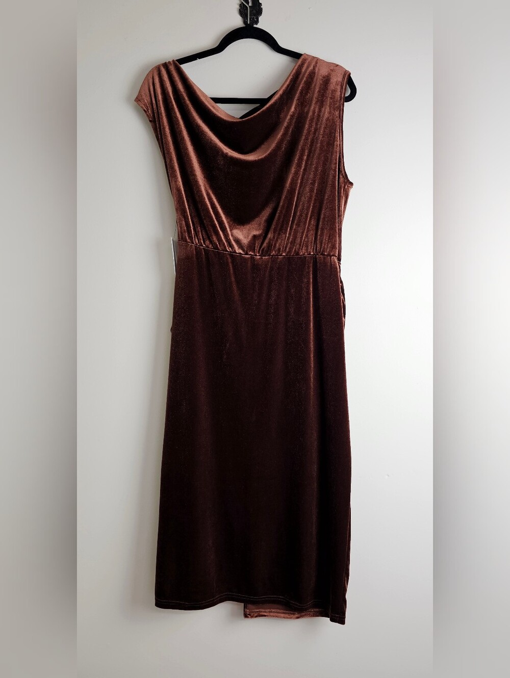 New Luxe Velvet Asymmetrical Midi Dress Brown - Picture 11 of 13